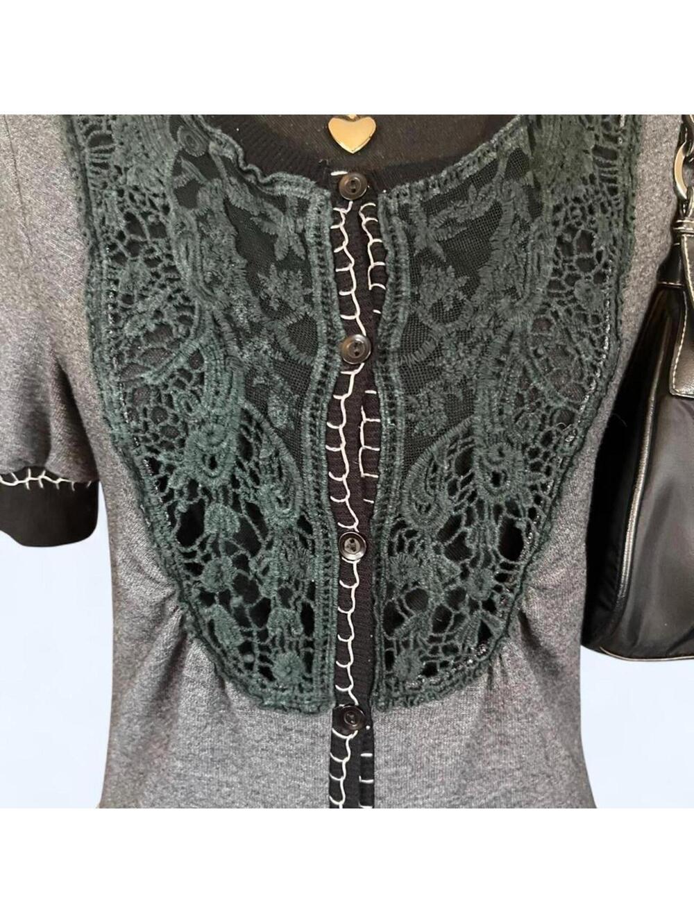 Vintage Y2K Daytrip Fairycore Dark Academia Crochet Lace Top Size Small 💚 - Picture 2 of 8